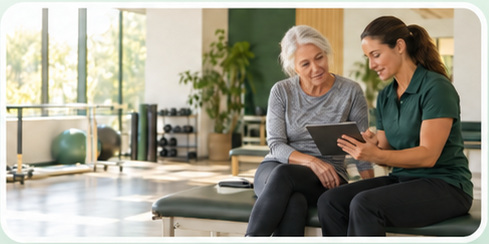 Therapist and older woman looking together at a tablet