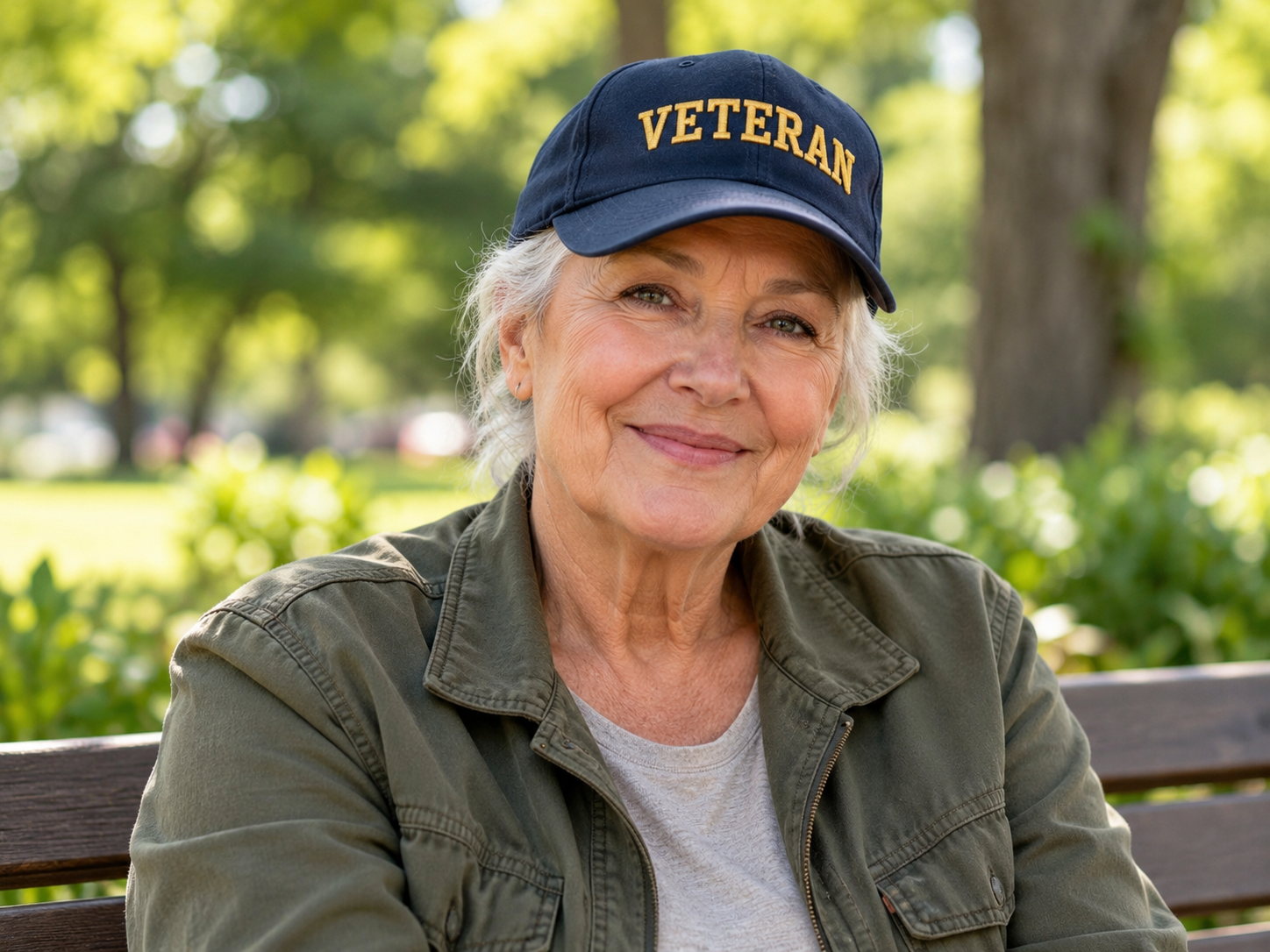 Illustrative portrait of an older woman wearing a Veteran cap